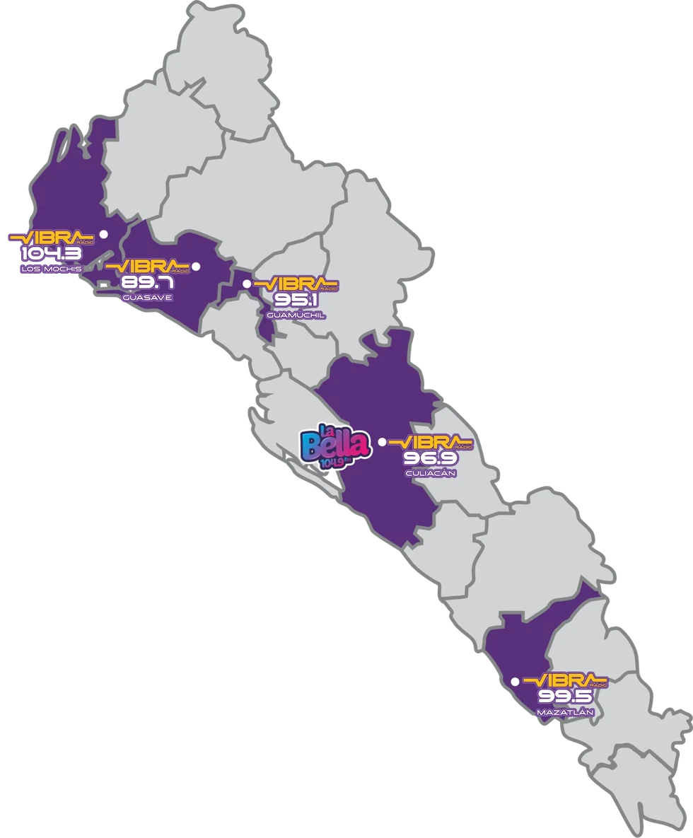 Mapa de Sinaloa con la cobertura de Vibra Radio: Los Mochis 104.3, Guasave 89.7, Guamúchil 95.1, Culiacán 96.9, La Bella 104.9 en Culiacán y Mazatlán 99.5